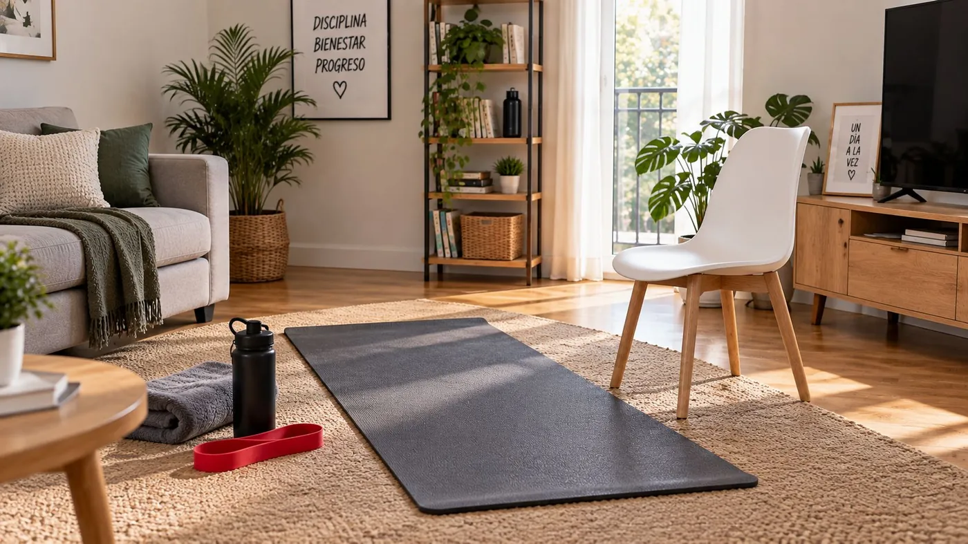 Silla y esterilla montadas en el salón para entrenar piernas sin equipo