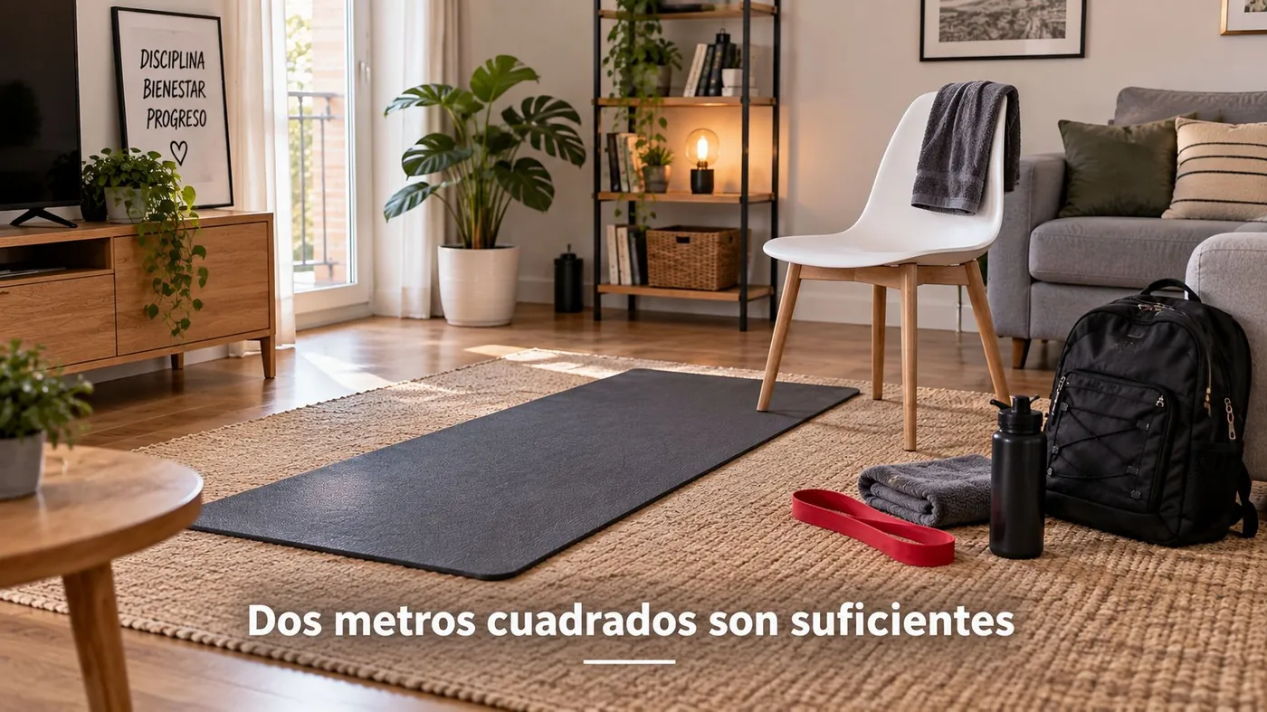 Salón preparado para entrenar en casa con la esterilla desplegada y una silla al lado