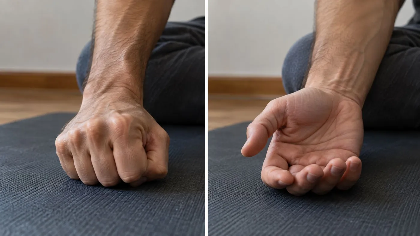 La misma mano en dos momentos: con el puño apretado y después completamente relajada, para ilustrar el contraste entre tensión y soltura