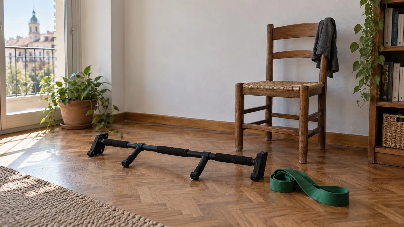 Material para hacer calistenia en casa sobre el suelo del salón barra de dominadas de marco, banda elástica y una silla