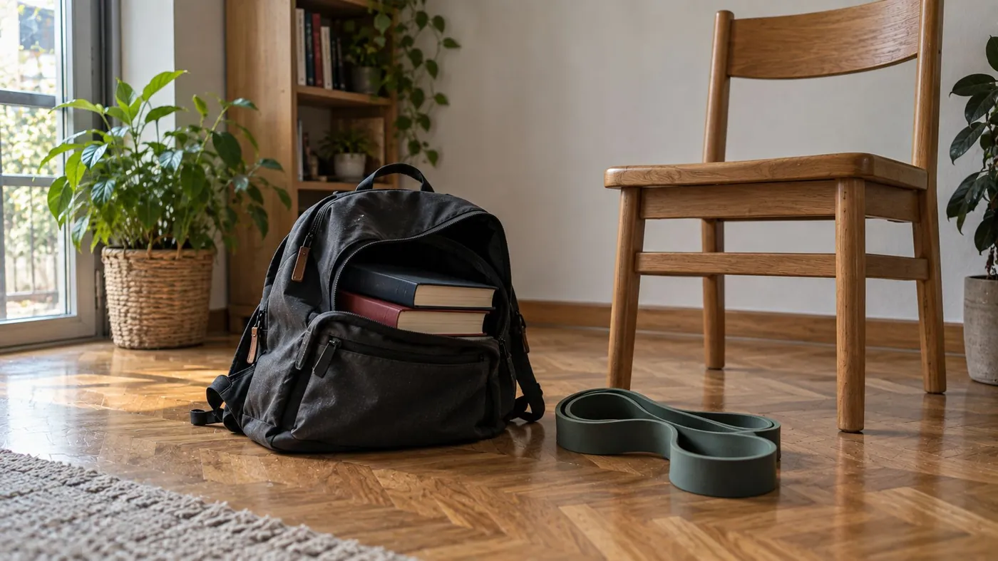 Mochila cargada con libros, banda elástica y una silla sobre el suelo del salón, el material para ganar fuerza en casa