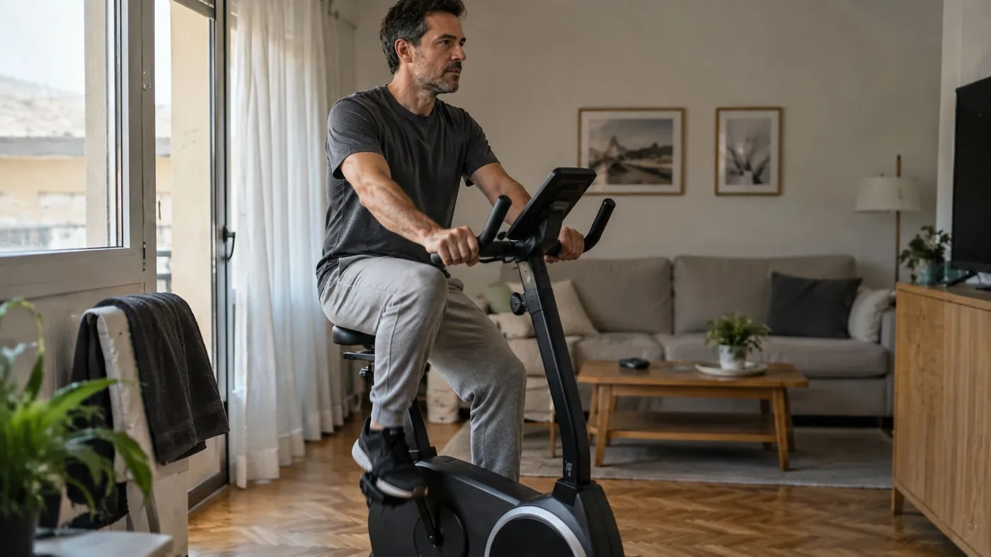 Persona pedaleando a ritmo suave en una bicicleta estática en el salón de casa, como sesión de recuperación activa