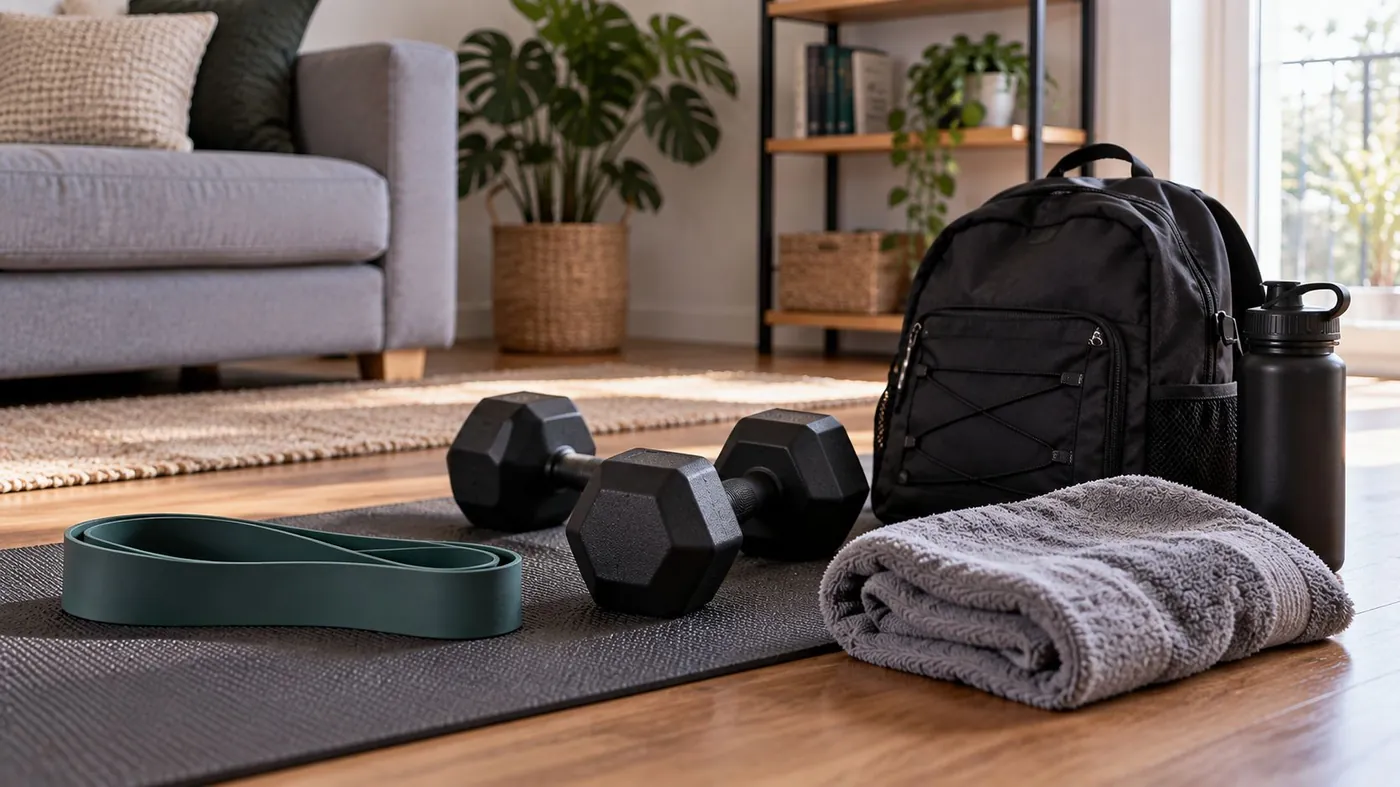 Banda elástica, mochila con libros y toalla en el suelo, el material para entrenar bíceps en casa